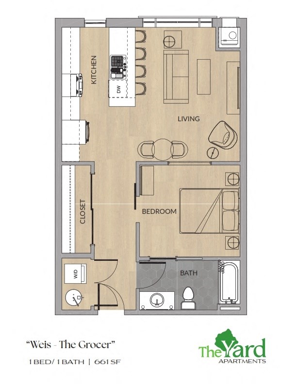 A floor plan of a one bedroom apartment with a bathroom.