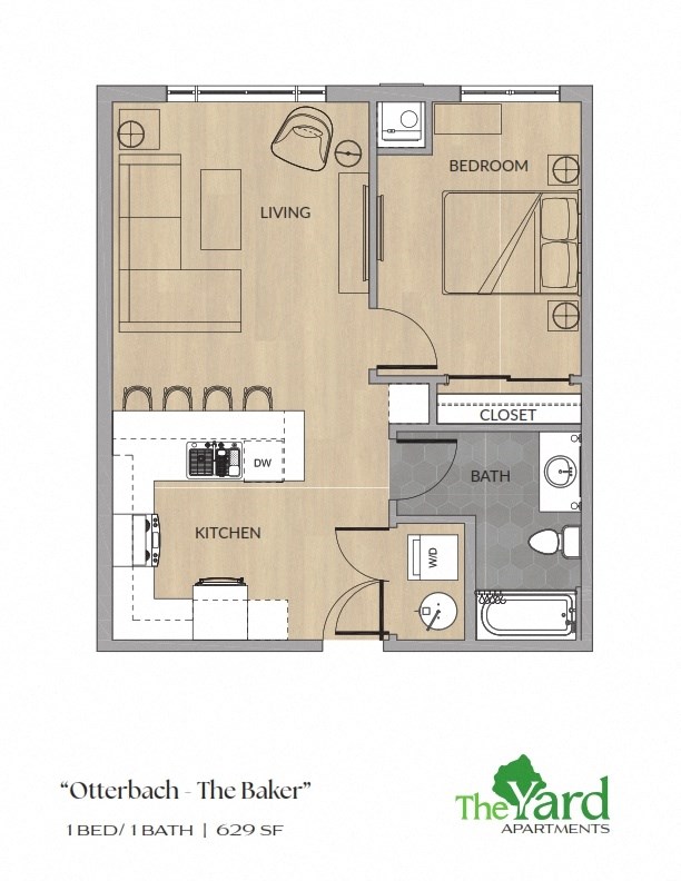 A floor plan of an apartment named "Otterbach - The Baker" with 1 bedroom and 1 bathroom, and a total area of 629 square feet.