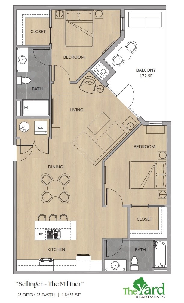 A floor plan of an apartment with two bedrooms, two bathrooms, a living room, a dining room, a kitchen, and a balcony.