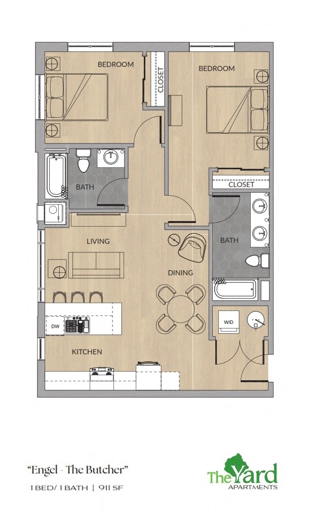 A floor plan of an apartment named "Engel The Butcher" with 1 bedroom, 1 bathroom, and 911 square feet.