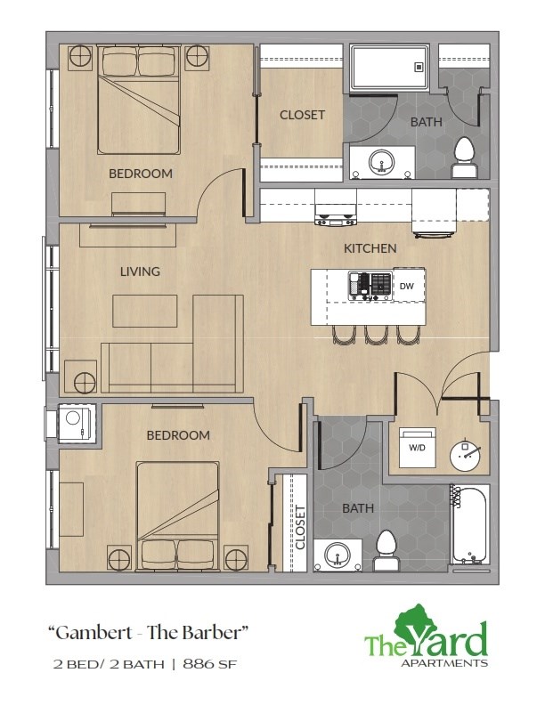 A floor plan of an apartment named "Gambert - The Barber" with two bedrooms and two bathrooms.