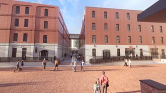 a rendering of a courtyard between two brick buildings