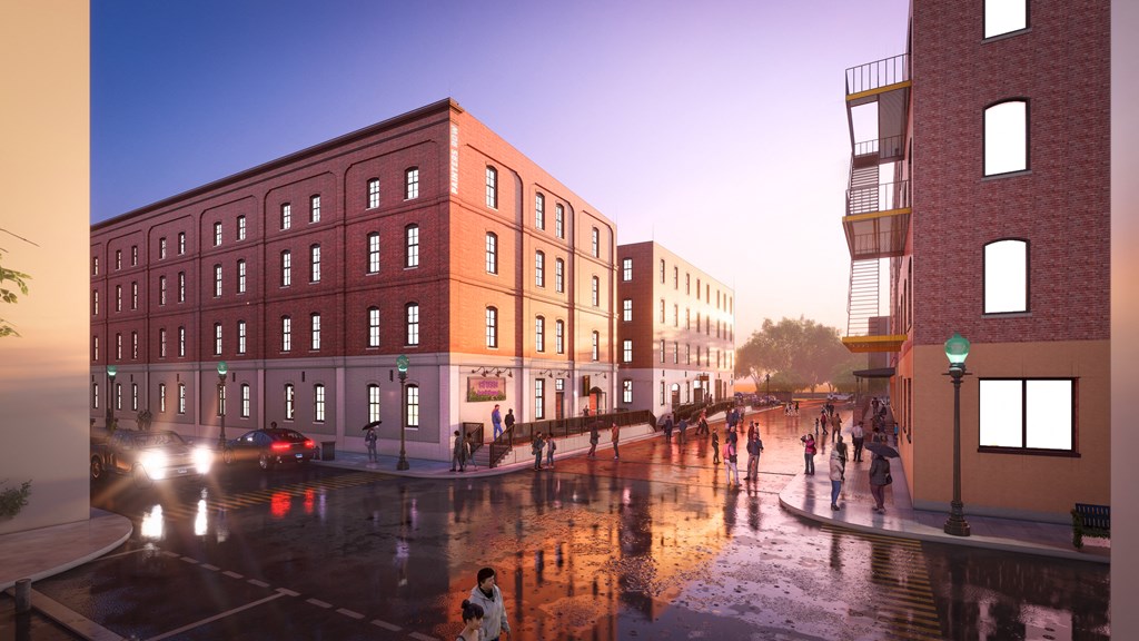 a rendering of a city street with buildings and pedestrians