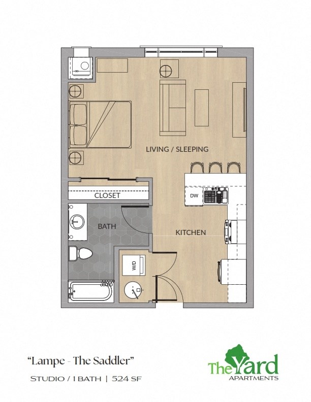 A floor plan of a studio apartment with a living/sleeping area, kitchen, bathroom, and closet.