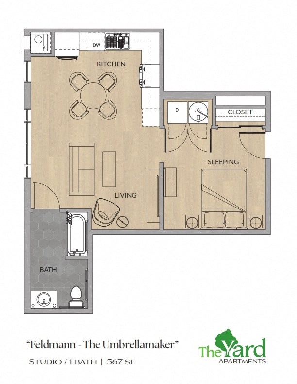 A floor plan of an apartment named "Feldmann - The Umbrellamer" with a studio, 1 bath, and 567 SF.