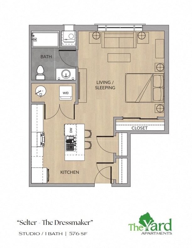 A floor plan of an apartment named "Selter - The Dressmaker" with a studio, 1 bath, and 576 SF.
