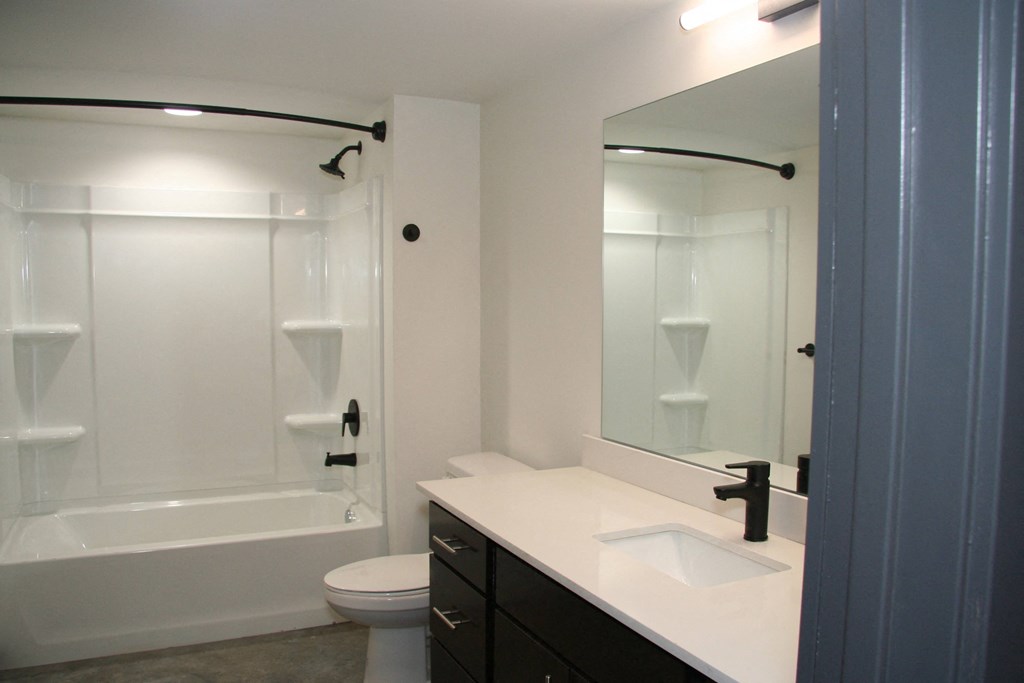 a bathroom with a sink and a shower and a toilet