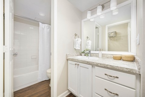A white bathroom with a marble counter top and a white tub.