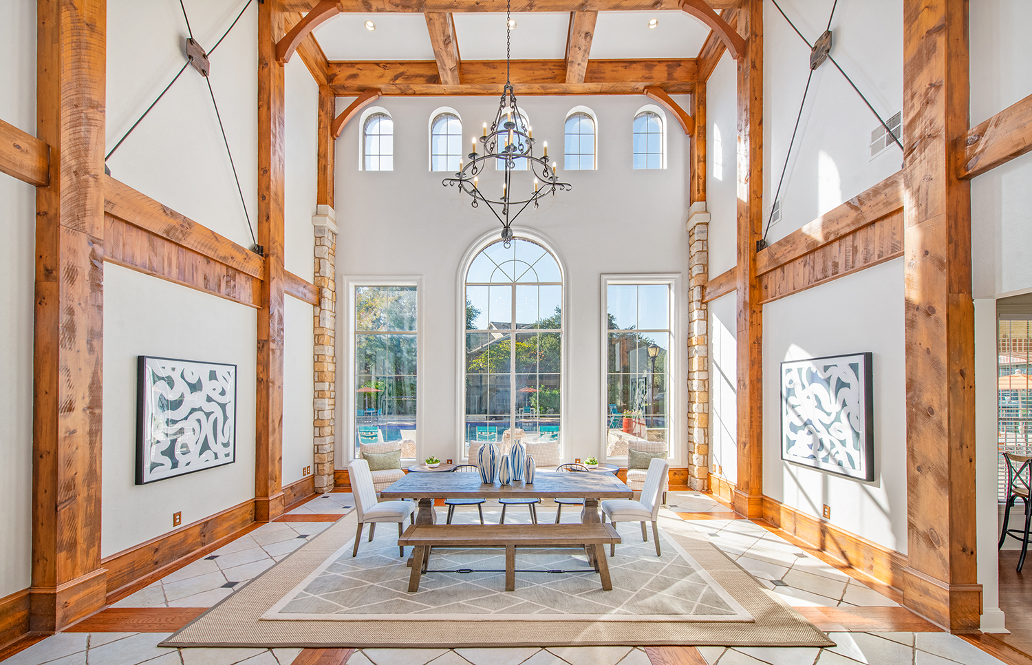 A large dining room with a table set for six.
