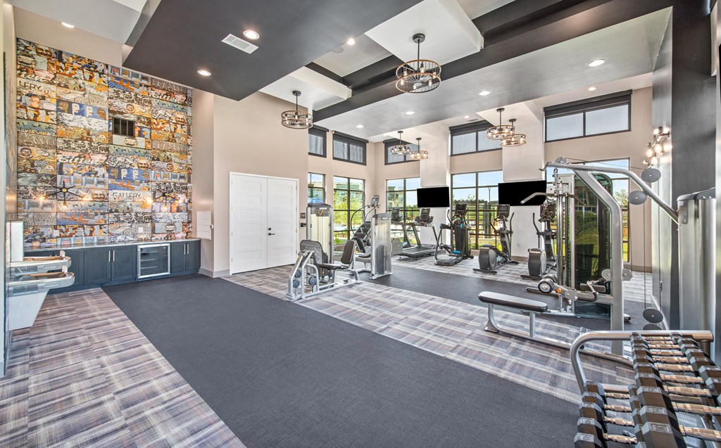 a gym with weights and cardio equipment at the enclave at woodbridge apartments