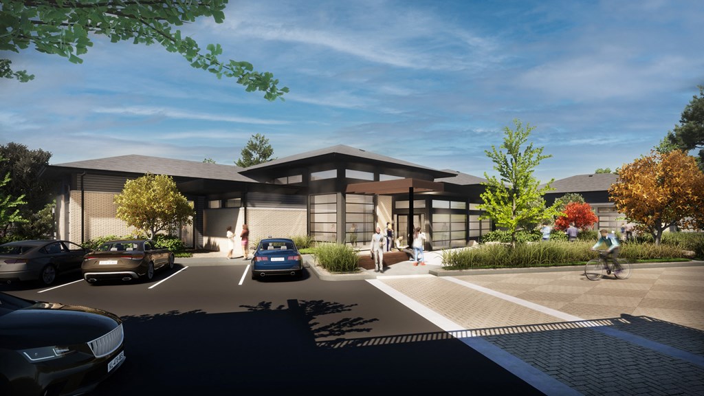 a rendering of a building with cars parked in front of it