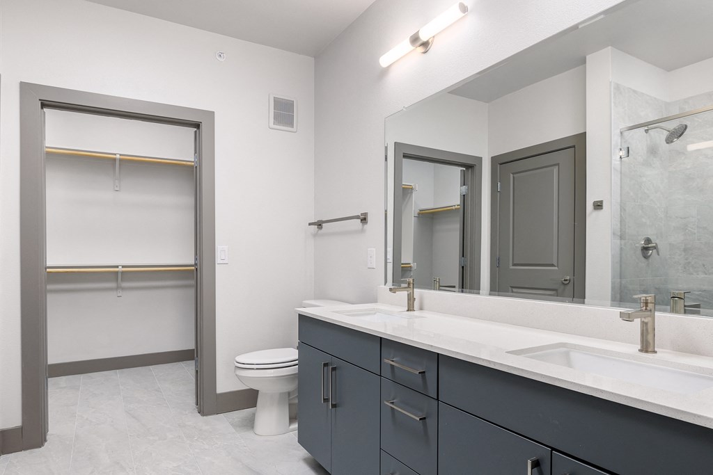 a bathroom with a large mirror and a sink and a toilet