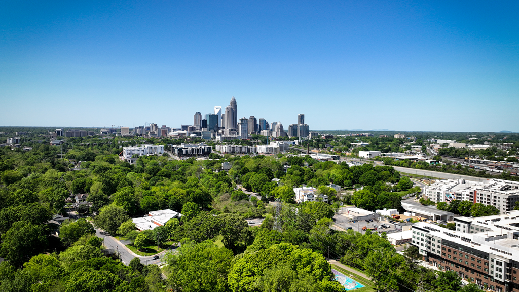 an aerial view of the city with trees and a city skyline