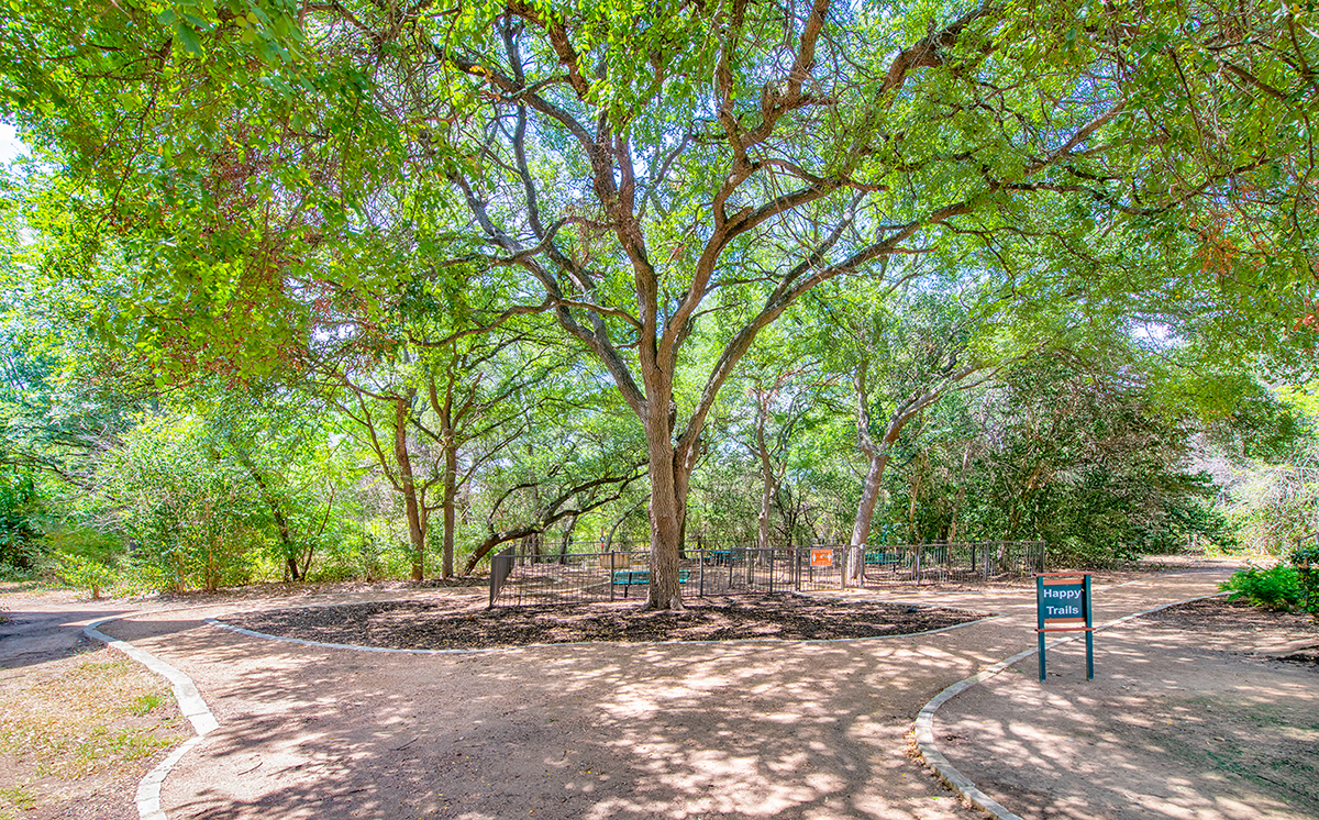 A tree-filled area with a sign in the middle.