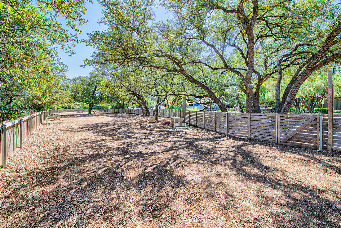 A backyard with a dirt ground and trees.