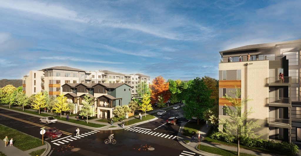 a rendering of a city street with buildings and trees