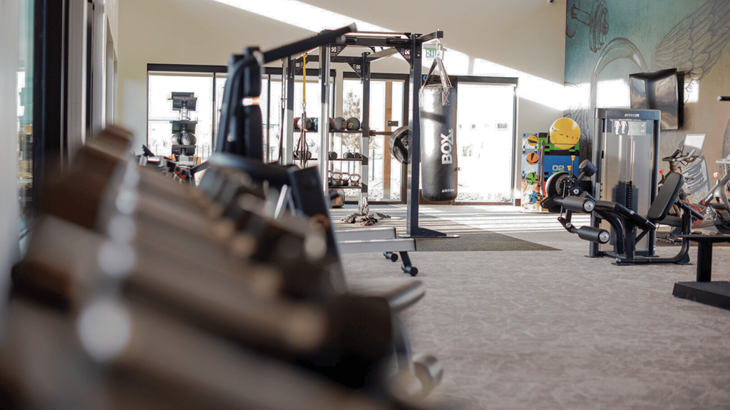 a fitness room with weights and cardio equipment in a building