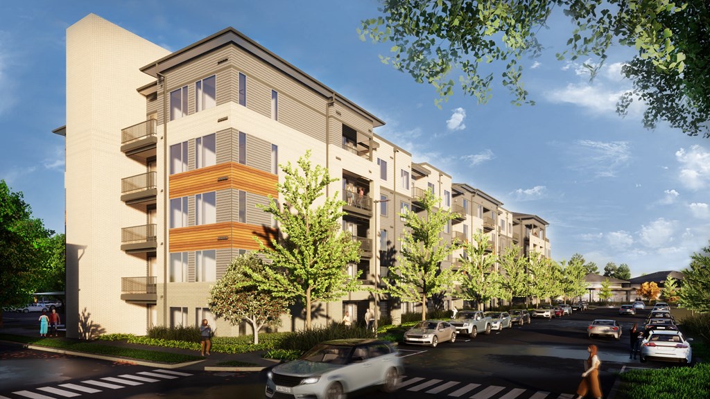 a rendering of an apartment building on a city street