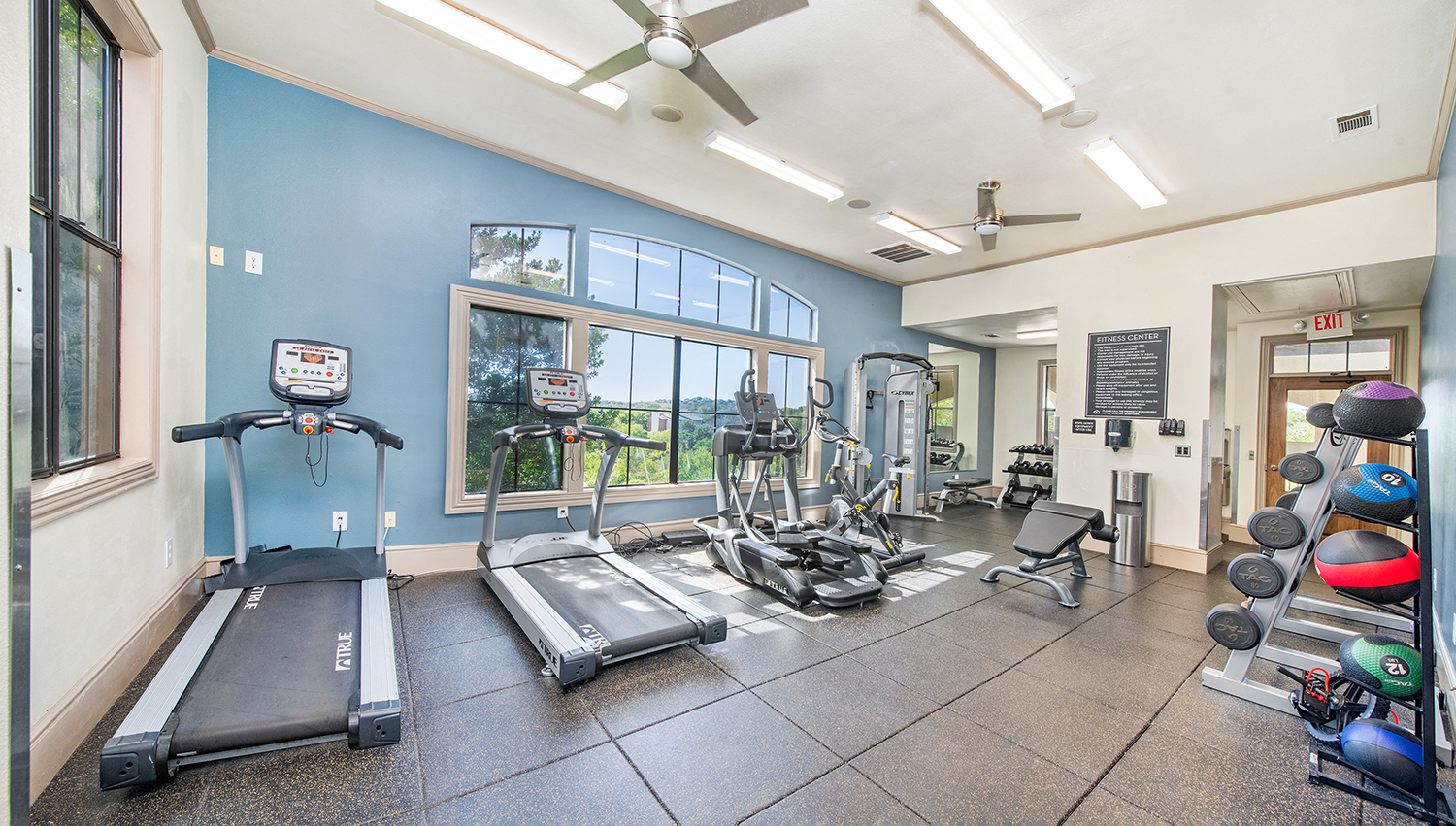 A gym with treadmills, weights, and exercise equipment.