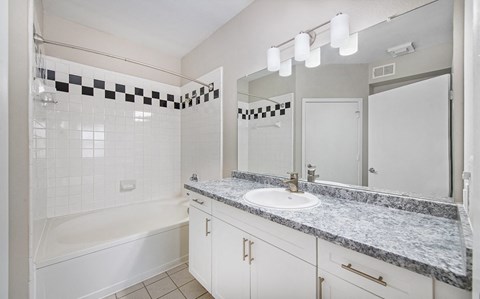 a bathroom with a sink and a tub and a mirror