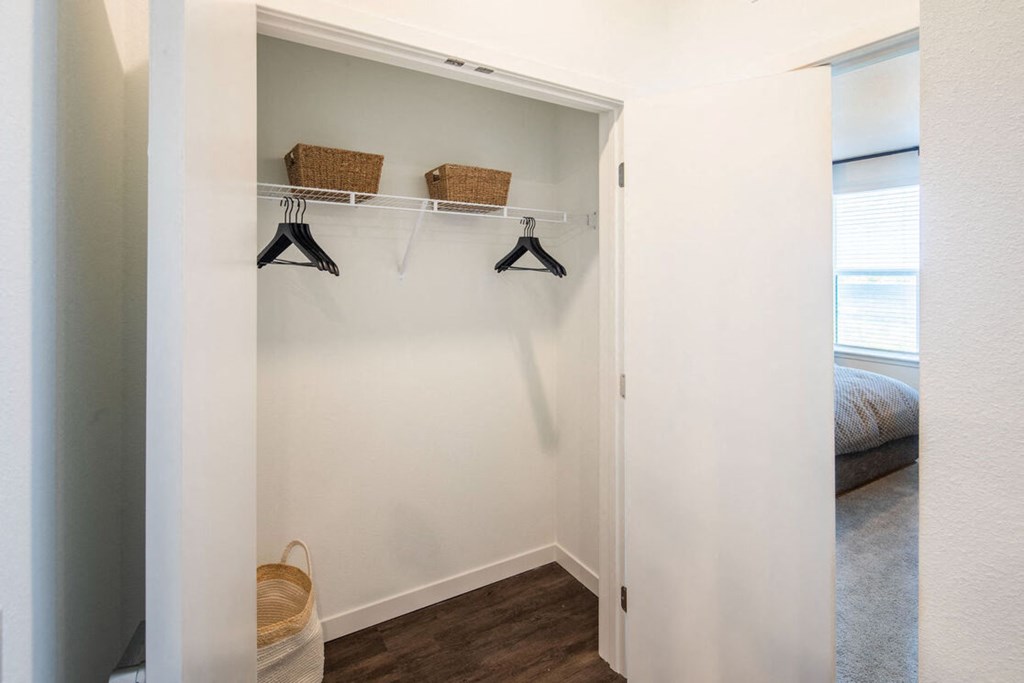 a walk in closet in a bedroom with a window and