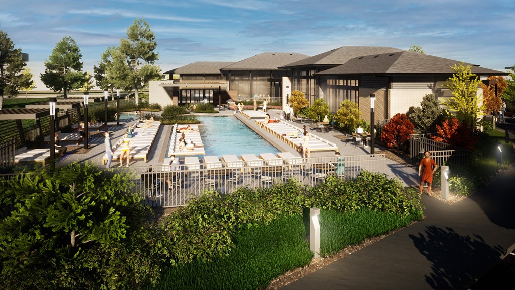 a rendering of a pool with lounge chairs and a building in the background
