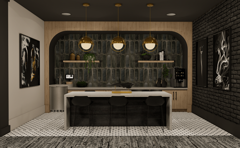 A modern kitchen with a black and white checkered floor.