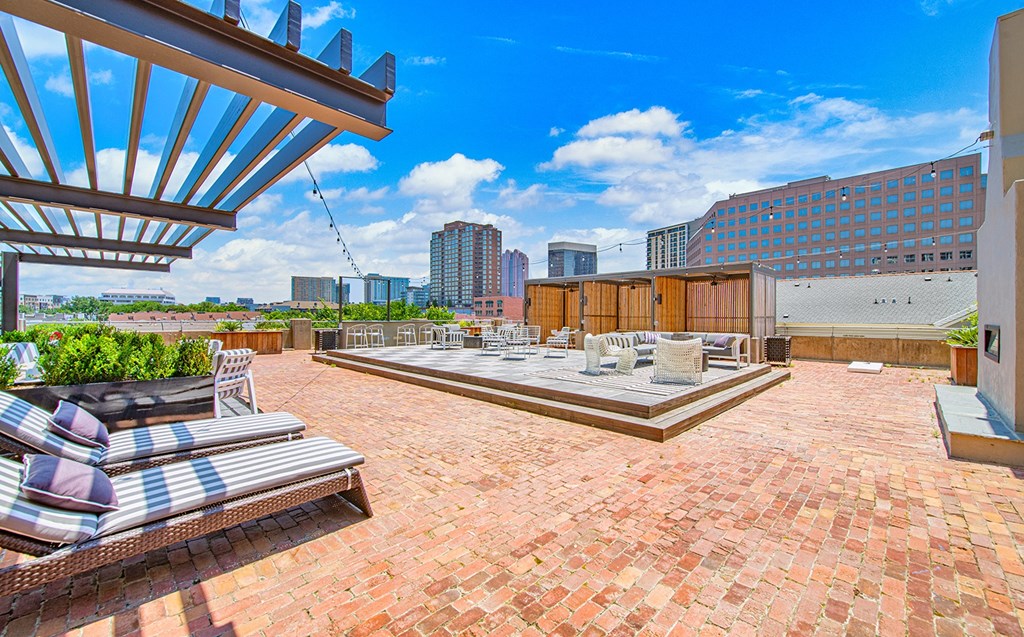 the rooftop patio has a view of the city