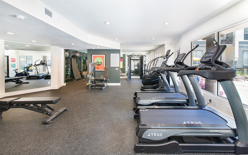 the gym at the preserve at polo terrace apartments