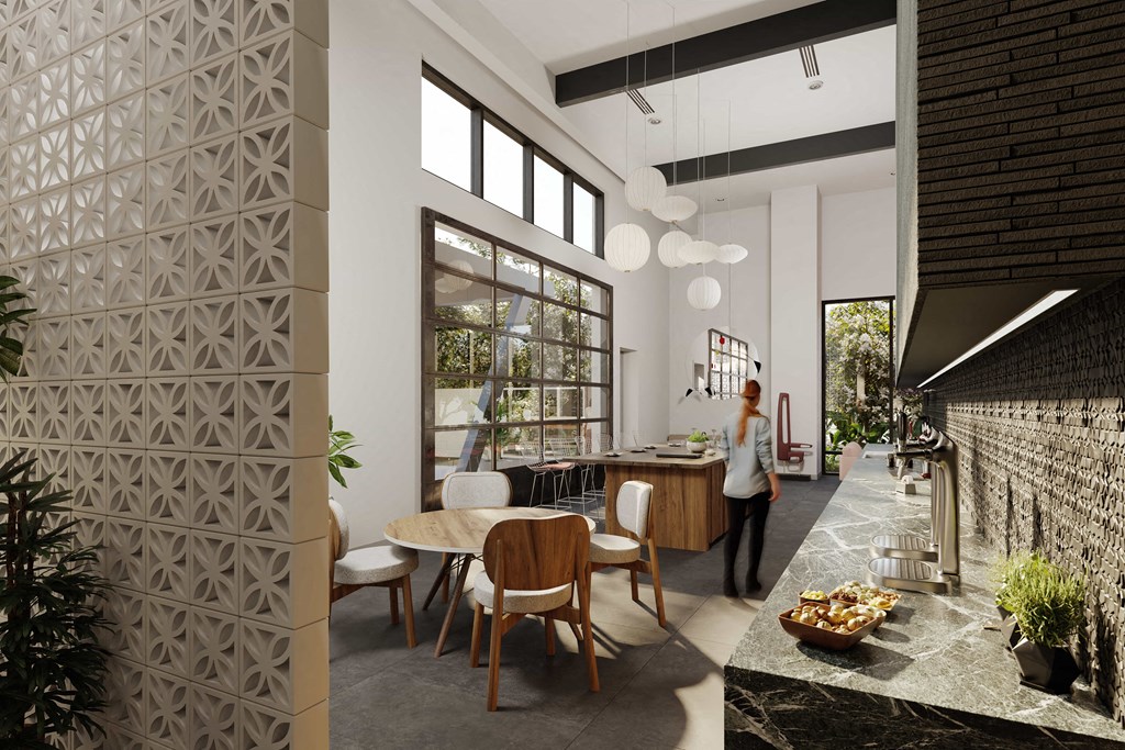 a rendering of a kitchen and dining area with a table and chairs