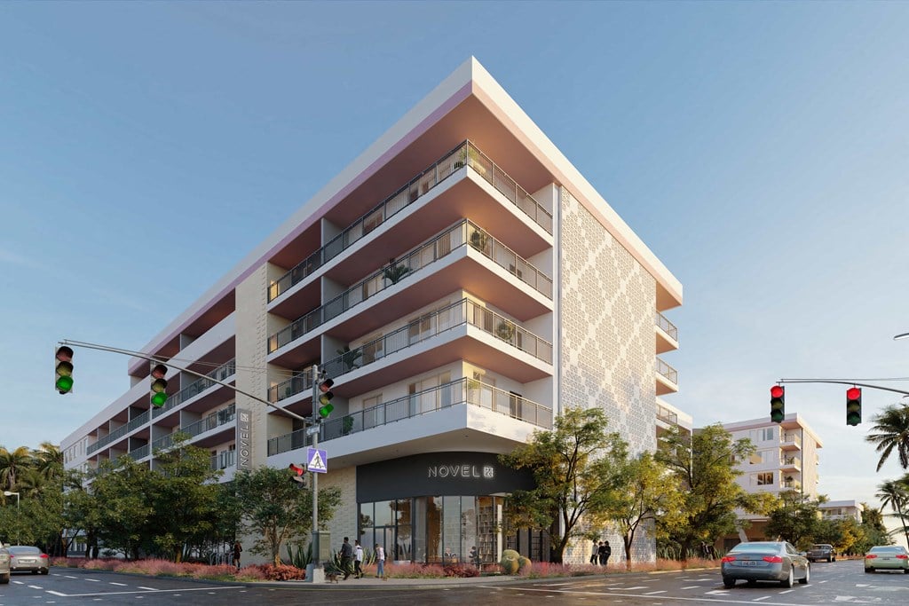 an artist rendering of an apartment building on the corner of a street