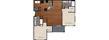 2D Floor plan, two bedroom, two bathroom