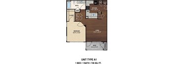 Our A1 The Lorena floor plan with one bedroom and one bath. at York Woods at Lake Murray Apartment Homes, South Carolina, 29212