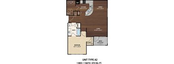 Our A2 The Savilla floor plan with one bedroom and one bath. at York Woods at Lake Murray Apartment Homes, South Carolina