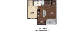 Our A3 The Murray floor plan with one bedroom and one bath. at York Woods at Lake Murray Apartment Homes, Columbia