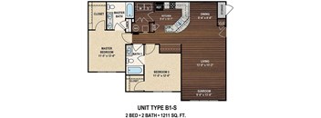 Our B1-S The Holly's Ferry floor plan with two bedrooms and two baths. at York Woods at Lake Murray Apartment Homes, Columbia