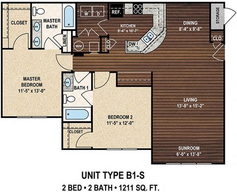 Our B1-S The Holly's Ferry floor plan with two bedrooms and two baths. at York Woods at Lake Murray Apartment Homes, Columbia
