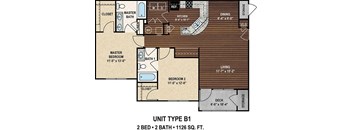 Our B1 The Holly Key floor plan with two bedrooms and two baths. at York Woods at Lake Murray Apartment Homes, Columbia, South Carolina