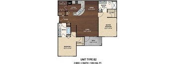 Our B2 The Doolittle floor plan with two bedrooms and two baths. at York Woods at Lake Murray Apartment Homes, South Carolina