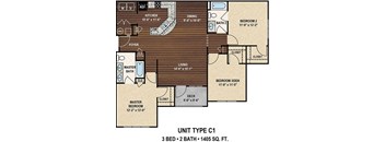 three bedrooms and two baths floor plan at York Woods at Lake Murray Apartment Homes, Columbia, SC, 29212