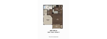 A1 ADA Apartment 726 Sq.Ft. Floor plan, one bedroom, one bathroom