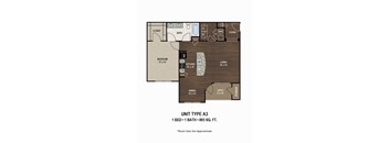 A drawing of a floor plan for a unit type A3, which includes a bedroom, bathroom, kitchen, dining area, and storage space.