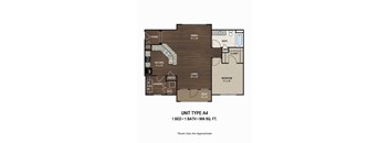 A floor plan of a small apartment with a bedroom, bathroom, and kitchen.