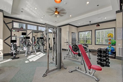 Ultramodern fitness center with cardio and strength-training equipment at York Woods in Columbia, SC