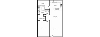 A floor plan of a small apartment with a bedroom, living room, dining room, kitchen, bathroom, and laundry area.