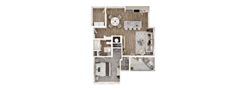 A top-down view of a house layout with a kitchen, living room, and bedrooms.