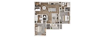 A top-down view of a house layout with a kitchen, living room, and bathroom.
