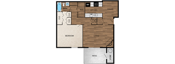 floor plan image of 750sf 1 bedroom 1 bath upgraded with wood like plank flooring