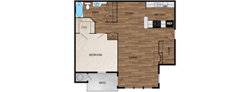floor plan image of 843sf 1 bedroom 1 bath upgraded with wood like plank flooring