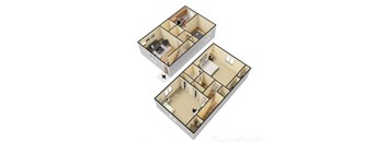 3D Floor plan, 2 bedrooms, 1.5 bathrooms
